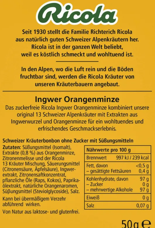 Ricola Ingwer Orangenminze - Schweizer Hustenbonbons 50 G