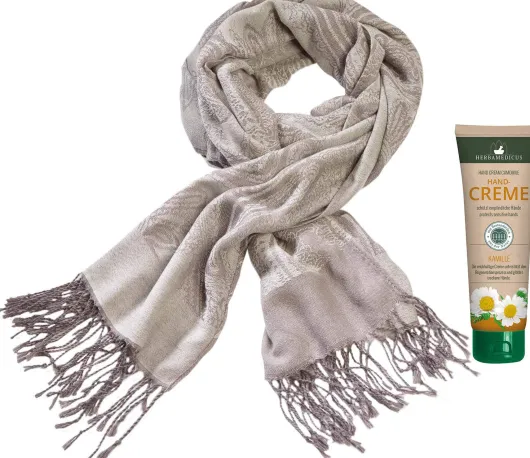 Schal mit Kaschmir, Elegant, grau + Handcreme Kamille Gratis