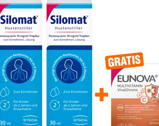 Silomat Hustenstiller Pentoxyverin 19 mg je ml 2 x 30 ml Tropfen + gratis Eunova VivaChrono 2 x 10 Tabletten