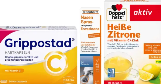 Sparset Grippostad 24 Hartkapseln & Nasenspray 10 ml & Heiße Zitrone 10 Beutel