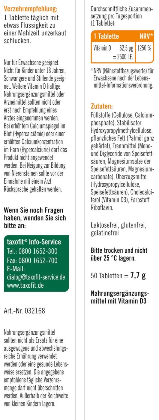 Taxofit Vitamin D3 2500 I.E. 50 Tabletten