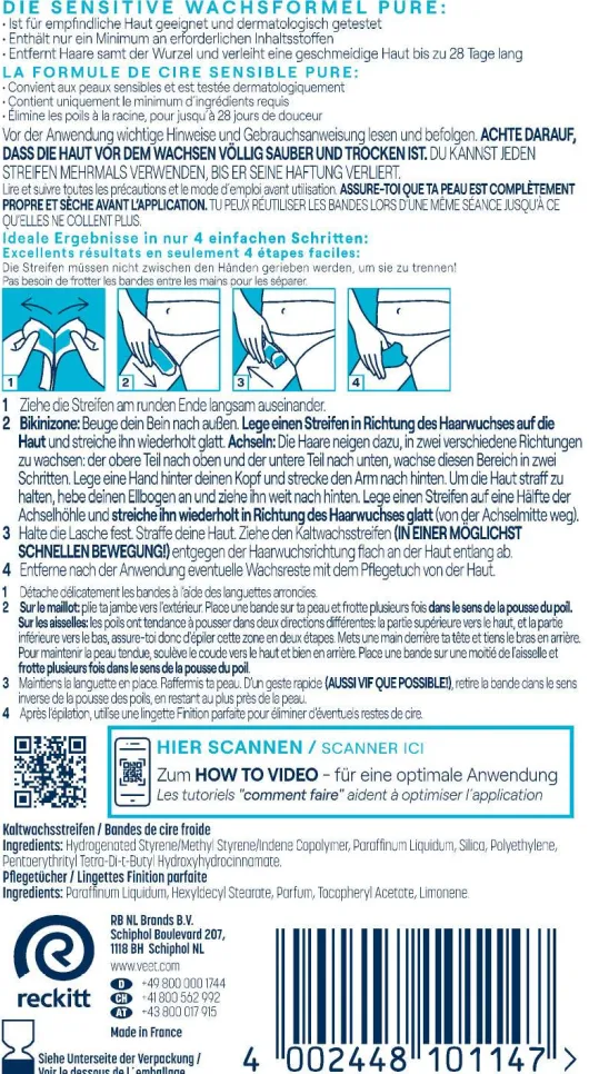 Veet Kaltwachsstreifen Bikinizone und Achseln 16 Stück + 4 Tücher