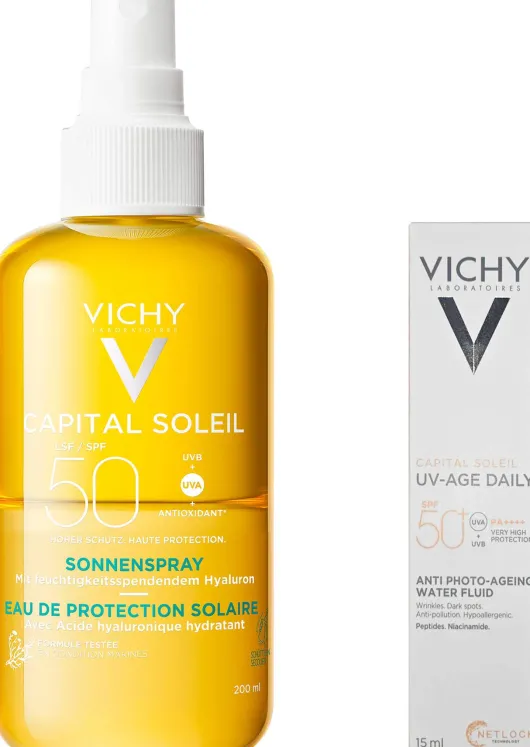 Vichy Capital Soleil Sonnenspray mit Hyaluron LSF 50 200 ml + gratis Vichy Capital Soleil UV-Age Daily LSF 50+ 15 ml