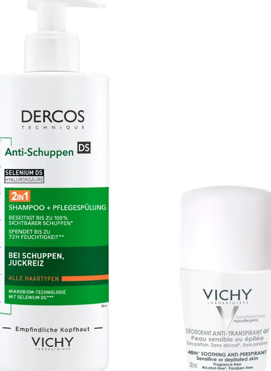 Vichy Dercos Anti-Schuppen 2in1 Shampoo + Conditioner 390 ml + gratis Vichy Deo Roll-on Anti Flecken 48h 50ml