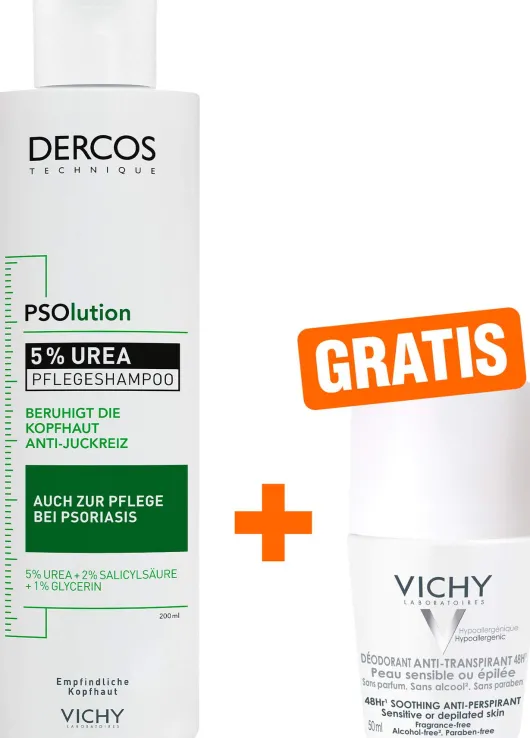 Vichy Dercos Psolution Shampoo 200 ml + gratis Vichy Deo Roll-on Anti Flecken 48h 50 ml
