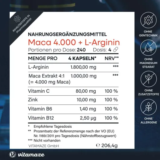 Vitamaze Maca 4.000 mg + L-Arginin + Vitamine + Zink 240 Kapseln