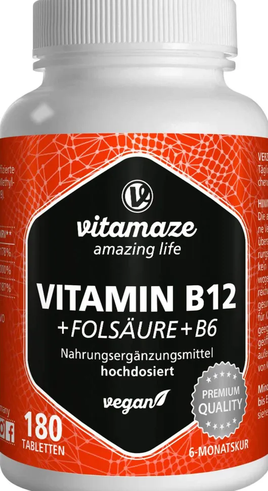 Vitamin B12 1.000 µg Hochdosiert + B9 + B6 Vegan 180 Tabletten
