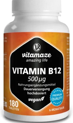 Vitamin B12 500 µg Hochdosiert Vegan 180 Tabletten