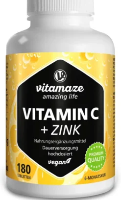 Vitamin C 1000 mg Hochdosiert + Zink 180 Vegane Tabletten