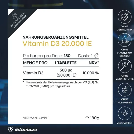 Vitamin D3 20.000 I.E. Depot Hochdosiert 180 Tabletten