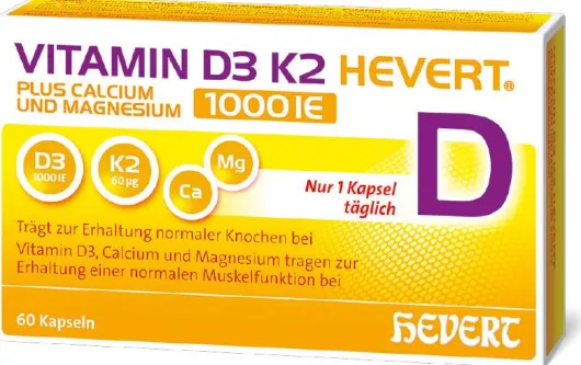 Vitamin D3 K2 Hevert + Calcium und Magnesium 1000IE 60 Kapseln