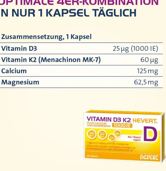 Vitamin D3 K2 Hevert + Calcium und Magnesium 1000IE 60 Kapseln