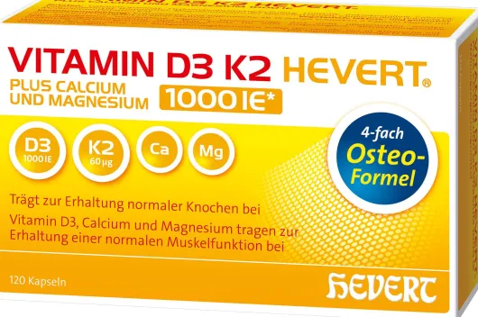 Vitamin D3 K2 Hevert plus Calcium und Magnesium 1000 I.E. 120 Kapseln