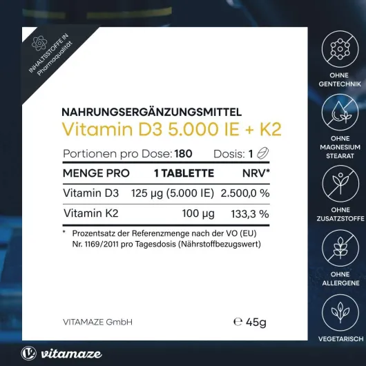 Vitamin D3 K2 5000 I.E. hochdosiert Tabletten 180 Stück
