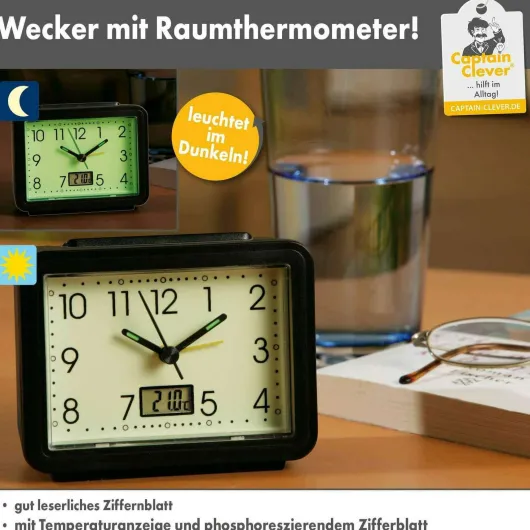 Wecker leuchtend mit Temperaturanzeige rechteckig schwarz