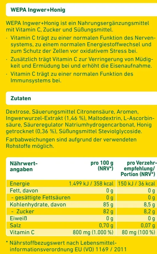 WEPA Ingwer + Honig + Vitamin C Pulver 10 x 10 g
