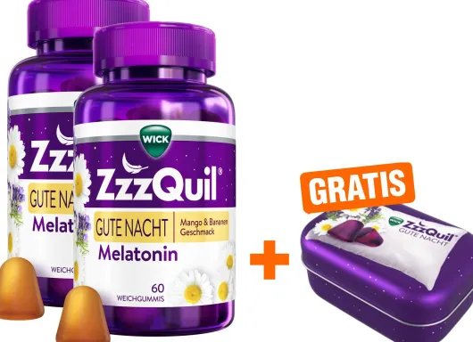 Wick ZzzQuil Gute Nacht Mango & Banane 2 x 60 Weichgummis + gratis Wick ZzzQuil Reise-Dose 1 Stück