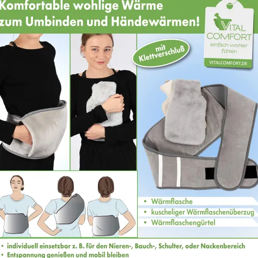 Wärmflaschen-Gürtel Premium 4 in 1 grau, mit Klettverschluss inkl. Wärmflasche u. Stoffbezug