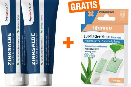 Zinksalbe Medibond 2 x 50 ml + gratis Pflaster-Strips Aloe Vera 10 Stück, 2 Größen